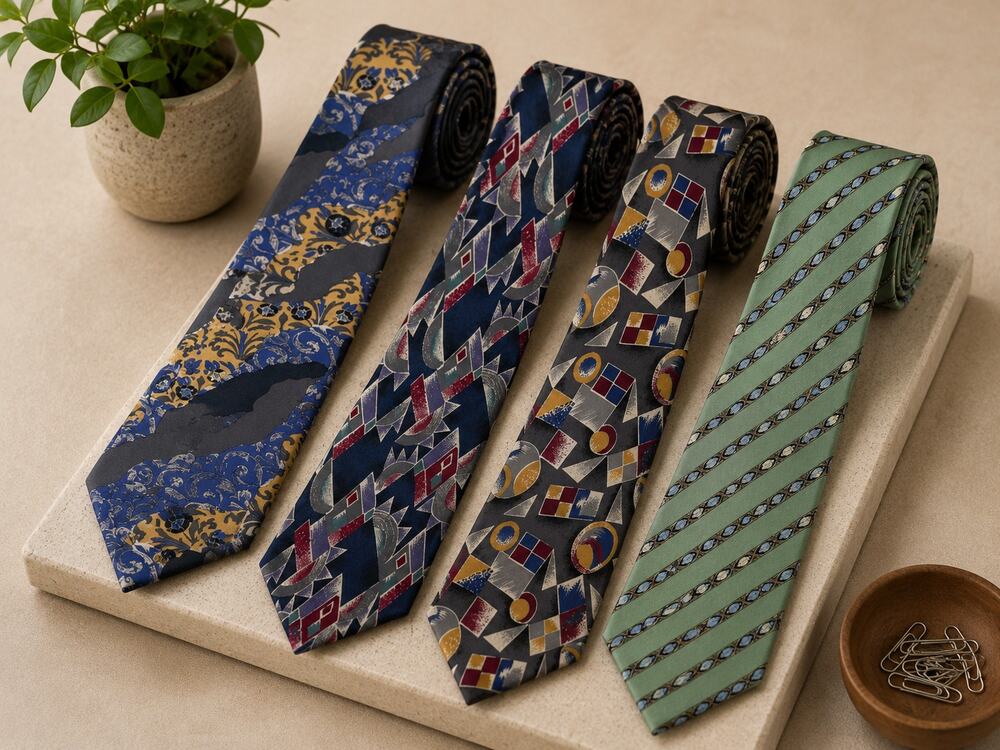 Vintage Designer Silk Necktie Lot Geometric Abstract Retro Mens Ties 1990s